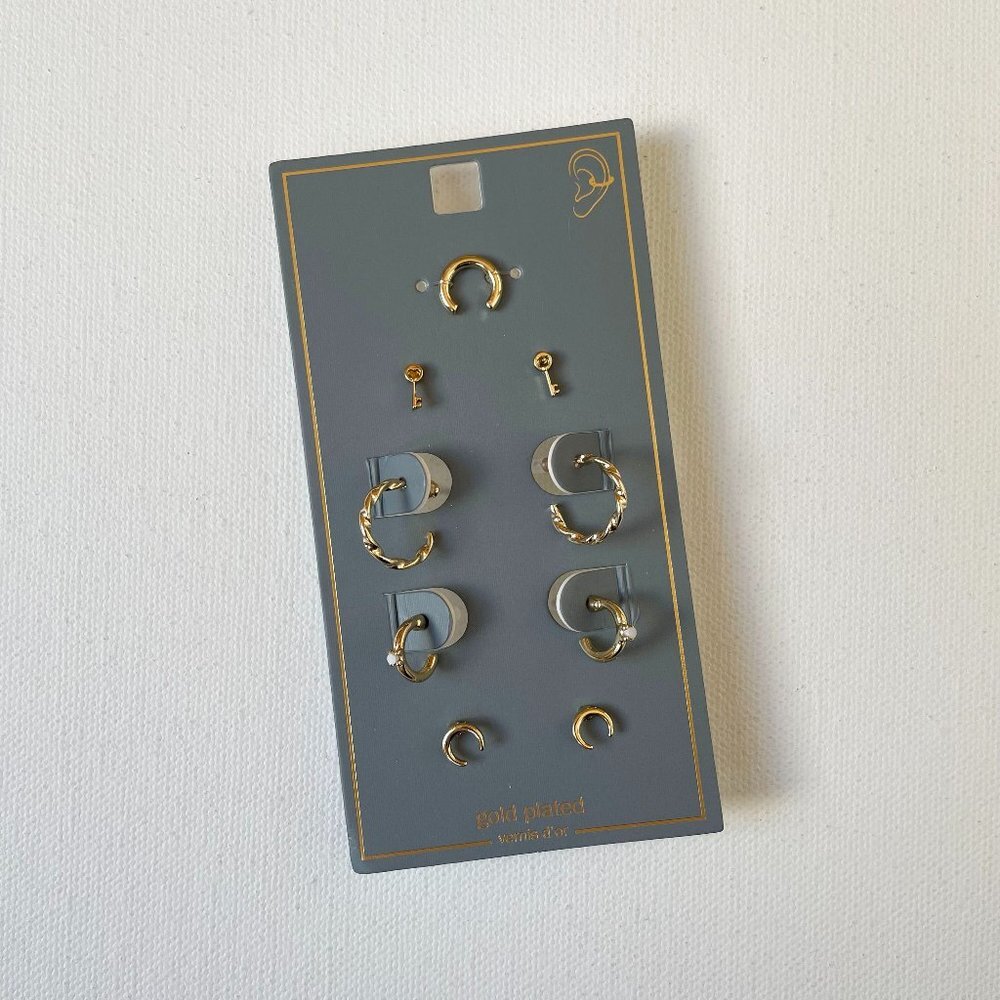 Real Gold Plated Cuff, Stud, and Hoop Earring Set